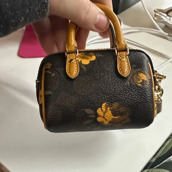 Coach Black Mini Floral Satchel Keychain with Mustard Trim - Picture 3 of 5